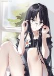  1girl akiyama_mio bent_knees black_eyes black_hair flower glasses k-on! long_hair looking_at_viewer sitting skirt smile solo window 