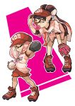  aori_(splatoon) ball baseball baseball_bat baseball_cap baseball_mitt baseball_uniform bubble_blowing chewing_gum cleats commentary hat hime_(splatoon) looking_at_viewer multiple_girls smile splatoon_(series) splatoon_1 splatoon_2 sportswear tentacle_hair wong_ying_chee 