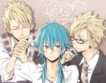  3boys blue_hair dramatical_murder earrings glasses hand_holding hand_kiss male male_focus multiple_boys piercing seragaki_aoba yaoi 