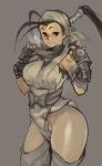 antenna_hair bandana black_eyes black_hair blush breasts fingerless_gloves gloves hands_up highres hip_vent ibuki_(street_fighter) large_breasts looking_at_viewer ninja no_panties norasuko partially_visible_vulva ponytail shirt_tug simple_background sketch smile solo street_fighter street_fighter_iii_(series) sweat thick_thighs thighs turtleneck wide_hips 
