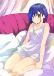  bad_id bad_pixiv_id blue_hair breasts couch curtains darling_in_the_franxx green_eyes hair_ornament ichigo_(darling_in_the_franxx) kuro_(1968) looking_at_viewer nightgown pillow seiza short_hair sitting small_breasts smile solo window 