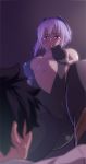  1girl 846-gou black_hairband blush breasts breasts_apart center_opening commentary_request covered_nipples eyebrows_visible_through_hair fate/grand_order fate_(series) hairband hassan_of_serenity_(fate) highres medium_breasts navel open_mouth puffy_nipples purple_eyes purple_hair short_hair solo_focus 
