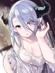  blue_hair breasts brown_eyes commentary draph granblue_fantasy hair_ornament hair_over_one_eye highres horns izmir large_breasts lingerie long_hair morning nino_(shira) pointy_ears see-through solo underwear very_long_hair 