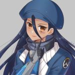  ana_(overwatch) atobesakunolove blue_hair blue_jacket brown_eyes chinese_commentary closed_mouth commentary_request facial_mark fingerless_gloves gauntlets gloves grey_background hair_between_eyes hand_up highres jacket light_particles long_hair looking_at_viewer overwatch overwatch_(logo) signature simple_background smile solo syringe upper_body younger 