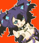  1girl animal_ear_fluff animal_ears aqua_eyes bangs bare_shoulders big_hair black_collar black_gloves blush breasts cerberus_(kemono_friends) chestnut_mouth cleavage collar commentary_request dog_ears dog_girl dutch_angle elbow_gloves eyebrows_visible_through_hair fang fingerless_gloves fuuryuu_(kazamaryusuke) gloves half-closed_eyes hands_up kemono_friends large_breasts looking_at_viewer medium_hair open_mouth orange_background outline purple_hair raised_eyebrows scar scar_across_eye simple_background solo spiked_collar spikes upper_body white_outline 