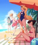  ball beach beach_towel beach_umbrella beachball bikini bikini_skirt bird black_eyes black_hair blush breasts brown_eyes brown_hair cloud collarbone covered_navel dama_(sindygao) day duck duckling flower hair_bun hair_flower hair_ornament highres innertube jacket kobuchizawa_shirase long_hair looking_afar medium_breasts miyake_hinata multiple_girls navel ocean off_shoulder palm_tree sandals school_swimsuit shiraishi_yuzuki short_hair sidelocks small_breasts sora_yori_mo_tooi_basho swimsuit tamaki_mari toenail_polish towel tree tropical_drink umbrella very_long_hair 