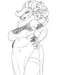  2017 3_fingers anthro bare_shoulder belly big_breasts black_and_white breasts caprine clothing curly_hair digital_media_(artwork) dress eyelashes female fingerless_gloves gloves hair hair_over_eye half-closed_eyes hands_on_hips hi_res hooves horizontal_pupils jijis-waifus legwear line_art lips lipstick looking_at_viewer looking_down makeup mammal merry_(inline) monochrome muscular muscular_female neck_tuft pinup ponytail pose ribbons sheep simple_background slightly_chubby socks solo standing stockings thick_thighs thigh_highs thigh_socks tight_clothing tuft voluptuous white_background wide_hips 