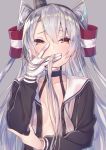  amatsukaze_(kantai_collection) bangs brown_dress brown_eyes collarbone covering_mouth dress eyebrows_visible_through_hair flat_chest gloves grey_background hair_between_eyes hair_tubes kantai_collection long_hair looking_at_viewer no_bra open_clothes open_dress sailor_dress silver_hair simple_background single_glove solo tahya two_side_up upper_body white_gloves windsock 