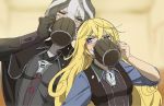  bad_id bad_pixiv_id bangs black_cape black_gloves black_hair black_jacket blonde_hair blurry blurry_background blush cape commentary_request cup depth_of_field drinking drunk eyebrows_visible_through_hair gloves grey_hair hair_between_eyes highres holding jacket long_hair long_sleeves looking_at_another lyza made_in_abyss mi_(pic52pic) mug multiple_girls ozen short_hair sweatdrop upper_body whistle 