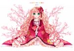  2015 atobesakunolove big_hair blonde_hair bow cherry_blossoms chinese_commentary commentary_request curly_hair floral_print green_eyes hair_bow happy_new_year highres japanese_clothes kimono long_hair long_sleeves looking_at_viewer new_year obi original parted_lips pink_legwear red_bow red_kimono sash seiza signature sitting sleeves_past_wrists solo thighhighs very_long_hair wide_sleeves 