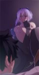  1girl 846-gou absurdres ass_visible_through_thighs black_hairband blurry blush breasts breasts_apart cameltoe center_opening contrapposto covered_nipples cowboy_shot depth_of_field eyebrows_visible_through_hair fate/grand_order fate_(series) from_below fujimaru_ritsuka_(male) hairband hassan_of_serenity_(fate) highres medium_breasts navel open_mouth puffy_nipples purple_eyes purple_hair short_hair simple_background solo_focus standing 