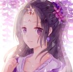  absurdres bad_id bad_pixiv_id black_hair closed_mouth commentary_request earrings eyebrows_visible_through_hair face facial_mark flower forehead_mark hair_flower hair_ornament highres iceblue jewelry long_hair looking_at_viewer original purple_eyes solo upper_body 