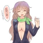  :d bangs biker_clothes breasts center_opening closed_eyes eyebrows_visible_through_hair facing_viewer green_scarf hijiri_byakuren key long_hair long_sleeves medium_breasts miyo_(ranthath) multicolored_hair navel open_mouth partially_translated scarf simple_background smile solo sweat touhou translation_request turbo_byakuren two-tone_hair upper_body white_background 