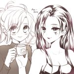 alternate_costume ana_(overwatch) artist_name atobesakunolove bare_shoulders blush breasts cleavage closed_mouth cup eyes eyes_visible_through_hair facial_mark greyscale holding holding_cup long_hair looking_at_viewer medium_breasts mercy_(overwatch) monochrome multiple_girls overwatch ponytail signature smile sweater younger yuri 