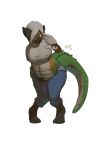 2012 alligator annoyed anthro big_breasts breasts clenched_teeth clothing crocodilian female hair hybrid hyena mammal navel nipple_bulge pants pigeon_toed reptile scalie shirt simple_background solo standing tail_growth taus teeth transformation white_background white_hair 