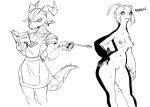  &lt;3 2017 anthro apron avian beak bird black_and_white book breasts clothing dragon ear_piercing english_text eyelashes female hair hand_on_hip holding_book holding_object horn jijis-waifus monochrome multiple_images nipples nude penguin piercing pussy smile spoon text 