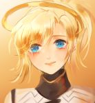  atobesakunolove blonde_hair blue_eyes chinese_commentary closed_mouth commentary_request crying crying_with_eyes_open eyebrows_visible_through_hair halo highres looking_at_viewer mercy_(overwatch) orange_background overwatch ponytail portrait smile solo tears 