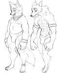  2017 abs anthro black_and_white blush bulge canine clothed clothing duo eyebrows hi_res jewelry jijis-waifus male mammal monochrome musclegut muscular muscular_male necklace skimpy slightly_chubby sweat topless wolf 