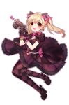  :d animal_ears argyle argyle_legwear atobesakunolove bangs bell black_cat_d.va blonde_hair bow bowtie breasts brown_dress brown_eyes brown_gloves cat_ears cleavage cleavage_cutout d.va_(overwatch) dress earrings eyebrows_visible_through_hair fangs full_body gloves gothic_lolita gun hair_bow handgun heart heart_earrings high_heels highres holding holding_gun holding_weapon jewelry jingle_bell lolita_fashion looking_at_viewer multicolored multicolored_clothes multicolored_legwear open_mouth outline overwatch pantyhose pink_bow pink_neckwear pistol puffy_short_sleeves puffy_sleeves short_sleeves small_breasts smile solo transparent_background twintails two-tone_legwear weapon white_outline 