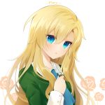  ascot atobesakunolove blonde_hair blue_eyes blue_neckwear character_name collared_shirt crying crying_with_eyes_open dress eyebrows_visible_through_hair green_dress hair_between_eyes highres holding holding_knife ib knife long_hair long_sleeves looking_at_viewer mary_(ib) parted_lips shirt solo tears upper_body white_background wing_collar 