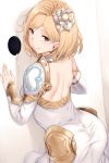  :q after_fellatio ass blonde_hair blush breasts brown_eyes choker closed_mouth collarbone cosplay cum detached_sleeves djeeta_(granblue_fantasy) dress from_behind glory_hole granblue_fantasy hair_in_mouth hair_ornament head_tilt hews_hack kneeling knights_of_glory large_breasts licking_lips long_sleeves looking_at_viewer looking_back smile solo stray_pubic_hair the_glory the_glory_(cosplay) tongue tongue_out white_background white_dress 