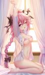  ;o aaeru arms_up astolfo_(fate) bangs bare_legs barefoot bed_sheet bikini black_bow blush bow braid breasts collarbone curtains day eyebrows_visible_through_hair fate/apocrypha fate_(series) full_body genderswap genderswap_(mtf) hair_bow hand_on_own_arm highres indoors long_hair long_sleeves looking_at_viewer medium_breasts micro_bikini multicolored_hair navel on_bed one_eye_closed open_clothes open_mouth open_shirt pink_hair purple_eyes see-through_silhouette shiny shiny_skin shirt single_braid sitting solo stomach streaked_hair stretch string_bikini striped striped_bikini swimsuit thighs unbuttoned unbuttoned_shirt underboob very_long_hair white_hair white_shirt 