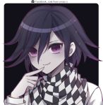  atobesakunolove black_background checkered checkered_scarf chinese_commentary closed_mouth commentary_request danganronpa facebook_username finger_to_mouth hair_between_eyes highres long_sleeves looking_at_viewer male_focus new_danganronpa_v3 ouma_kokichi purple_eyes purple_hair ringed_eyes scarf shirt simple_background smile solo watermark web_address white_shirt 