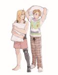 2boys alphonse_elric automail barefoot black_shirt blonde_hair brothers buzz_lightyear commentary disney edward_elric full_body fullmetal_alchemist image_sample long_hair looking_at_viewer male_focus multiple_boys open_mouth pants pillow pixar shirt short_hair shorts siblings simple_background sleeveless smile socks standing toy_story tumblr_sample white_background white_shirt 