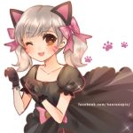 :d animal_ears atobesakunolove black_cat_d.va black_dress black_gloves blush bow brown_eyes cat_ears chinese_commentary commentary_request d.va_(overwatch) dress eyebrows_visible_through_hair facebook_username fang gloves grey_hair hair_bow heart heart-shaped_pupils highres looking_at_viewer one_eye_closed open_mouth overwatch paw_print pink_bow puffy_short_sleeves puffy_sleeves short_sleeves smile solo symbol-shaped_pupils twintails upper_body watermark web_address 