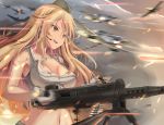  aircraft airplane ammunition_belt armpits bangs bleeding blonde_hair blood breasts browning_m2 bullet cleavage clothes_around_waist cloud commentary crop_top deep_wound dog_tags eyebrows_visible_through_hair firing floating_hair girls_frontline gloves gun hat heavy_machine_gun highres injury jacket_around_waist jewelry large_breasts light_particles long_hair looking_afar m2hb_(girls_frontline) machine_gun military military_hat navel necklace open_mouth orange_eyes reloading septet_(zrca_janne) sidelocks sleeveless smoke solo stomach sweat sweatdrop tripod very_long_hair weapon white_gloves wind wind_lift 