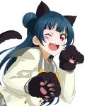  ;d animal_ears bangs blue_hair bow bowtie cat_ears cat_tail double-breasted facial_mark fang gloves highres kemonomimi_mode long_hair long_sleeves looking_at_viewer love_live! love_live!_sunshine!! one_eye_closed open_mouth paw_gloves paws purple_eyes school_uniform serafuku side_bun signature simple_background smile solo tail takeya_yuuki tsushima_yoshiko upper_body uranohoshi_school_uniform white_background yellow_neckwear 