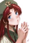  bad_id bad_pixiv_id bangs blue_eyes blush braid commentary_request eyebrows fingernails fingers_together green_hat hands_up hat hong_meiling kamiyama_aya lips long_hair looking_at_viewer nose parted_bangs puckered_lips red_hair shiny shiny_hair simple_background solo star touhou twin_braids upper_body vest white_background 
