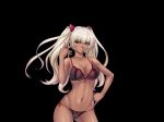  1girl breasts curvy dark_skin female kagami_hirotaka kangoku_senkan kangoku_senkan_3 kila_kushan large_breasts lilith-soft lingerie long_hair looking_at_viewer nipples partially_visible_vulva pink_eyes shiny shiny_skin simple_background solo standing sweat thick_thighs thighhighs thighs thong twintails underwear 