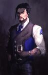  arm_tattoo beard black_hair commentary cowboy_shot cup drinking_glass facial_hair formal hand_in_pocket hanzo_(overwatch) highres looking_at_viewer male_focus necktie overwatch penthesilence scion_hanzo shade sleeves_pushed_up solo suit tattoo vest watch wine_glass wristwatch 
