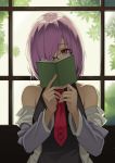 absurdres black_dress book covering_mouth dress fate_(series) glasses hair_over_one_eye highres icarus_(632247131) jacket lavender_hair looking_at_viewer mash_kyrielight necktie off_shoulder open_clothes open_jacket purple_eyes red_neckwear short_hair solo upper_body window 