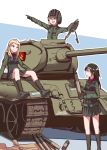  :d absurdres arm_support artist_name bangs black_footwear black_gloves black_hair black_skirt black_vest blonde_hair blue_eyes boots clara_(girls_und_panzer) closed_mouth emblem fang girls_und_panzer gloves green_jacket green_jumpsuit ground_vehicle helmet highres holding jacket katyusha light_frown long_hair long_sleeves looking_at_another looking_to_the_side military military_uniform military_vehicle miniskirt motor_vehicle multiple_girls nonna open_mouth pleated_skirt pointing pravda_(emblem) pravda_military_uniform red_shirt shirt short_hair short_jumpsuit signature sitting skirt smile standing swept_bangs t-34-85 tank tank_shell tegar32 turtleneck uniform vest 