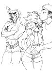  2017 anthro belly_rub black_and_white blush canine clothed clothing dog eyes_closed female group hi_res human jijis-waifus kissing male mammal midriff monochrome multiple_images muscular open_mouth raised_eyebrow romantic_couple shorts tailwag topless 