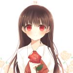  ascot atobesakunolove blush brown_hair character_name closed_mouth collared_shirt eyebrows_visible_through_hair fingernails flower highres holding holding_flower ib ib_(ib) long_hair long_sleeves looking_at_viewer red_eyes red_flower red_neckwear red_rose rose shirt smile solo upper_body white_background white_shirt wing_collar 