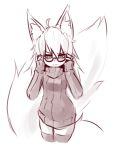  animal_humanoid big_tail blush breasts canine clothed clothing eyewear female fluffy fluffy_tail fox_humanoid frown fully_clothed glasses hi_res humanoid hybrid inner_ear_fluff legwear looking_at_viewer mammal monochrome simple_background sketch slit_pupils small_breasts solo standing sub-res sweater thigh_highs white_background 