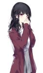  black_hair blush earrings eyebrows_visible_through_hair grey_skirt hands_together hands_up highres jacket jewelry long_hair long_sleeves looking_at_viewer original red_eyes ring shirt simple_background skirt sleeves_past_wrists sparkle tr_(hareru) wavy_hair white_background white_shirt 