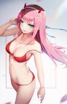  ass bikini breasts cowboy_shot darling_in_the_franxx fang green_eyes hairband horns l.bou long_hair looking_at_viewer medium_breasts navel pink_hair red_bikini revision shiny shiny_hair solo standing straight_hair strap_slip swimsuit white_background white_hairband zero_two_(darling_in_the_franxx) 