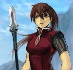  balsa bangs blue_eyes blue_sky breasts brown_hair day dress hair_between_eyes hankuri holding holding_weapon large_breasts outdoors parted_lips pink_lips polearm ponytail red_dress seirei_no_moribito short_sleeves sky solo spear weapon 