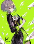  choker dagger dutch_angle earrings flower glass green_background highres jewelry lily_(flower) looking_at_viewer looking_back original pokimari silver_hair solo weapon 