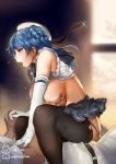  1girl artist_name bangs bare_shoulders beret black_legwear blue_eyes blue_hair blue_sailor_collar blue_skirt breast_grab breasts breasts_outside clothed_sex commentary_request cowgirl_position dated double_bun elbow_gloves from_side girl_on_top gloves grabbing hat hetero highres indoors interlocked_fingers kantai_collection large_breasts long_hair lying no_bra on_back open_mouth profile revision sailor_collar sex shirt shirt_lift skirt sleeveless sleeveless_shirt solo_focus straddling sweat thighhighs tongue tongue_out torn_clothes torn_legwear urakaze_(kantai_collection) vaginal white_gloves white_hat white_shirt windforcelan 