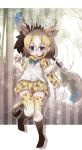  animal_ears animal_print blonde_hair blue_eyes blue_neckwear bow bowtie brown_hair clenched_hands commentary_request eyebrows_visible_through_hair highres horns kemono_friends kolshica long_sleeves multicolored_hair no_shoes pleated_skirt scarf short_hair sivatherium_(kemono_friends) skirt socks standing standing_on_one_leg sweater tail thighhighs vest weapon zettai_ryouiki 