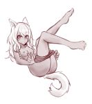  2016 animal_humanoid breasts butt canine clothed clothing curled_tail dog dog_humanoid facial_markings feet female hair hi_res humanoid legs_up long_hair looking_at_viewer lying mammal markings monochrome nipples nude on_back panties panties_down panty_pull simple_background sketch slim slit_pupils smile solo sub-res topless underwear undressing v_sign white_background 