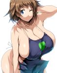  apron blue_eyes breasts brown_hair cleavage commentary_request gundam gundam_build_divers highres huge_breasts large_breasts looking_at_viewer naked_apron nanase_nanami_(gundam_build_divers) one_eye_closed shiny shiny_hair short_hair smile solo tsukasawa_takamatsu 