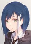  absurdres alternate_costume collared_shirt darling_in_the_franxx eyelashes face fei_mao green_eyes hair_ornament hairclip half-closed_eyes highres hood hoodie ichigo_(darling_in_the_franxx) looking_at_viewer md5_mismatch necktie parted_lips school_uniform shirt short_hair solo striped striped_neckwear upper_body 