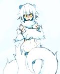  black_sclera blush covering covering_breasts covering_crotch embarrassed fur highres horns lamia looking_at_viewer monster_girl nude open_mouth original paws pointy_ears scales sharp_teeth shenti_(sub-res) sketch solo stomach sub-res teeth white_fur white_hair yellow_eyes 