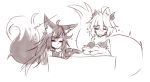  2016 animal_humanoid big_tail breasts canine clothed clothing crossed_arms duo ear_piercing eyes_closed female fluff_snake fox fox_humanoid frown fur hair horn humanoid hybrid inner_ear_fluff kiri_(sub-res) lamia long_hair mammal messy_hair monochrome monster_girl_(genre) piercing reptile scalie shenti simple_background sketch snake sub-res white_background 